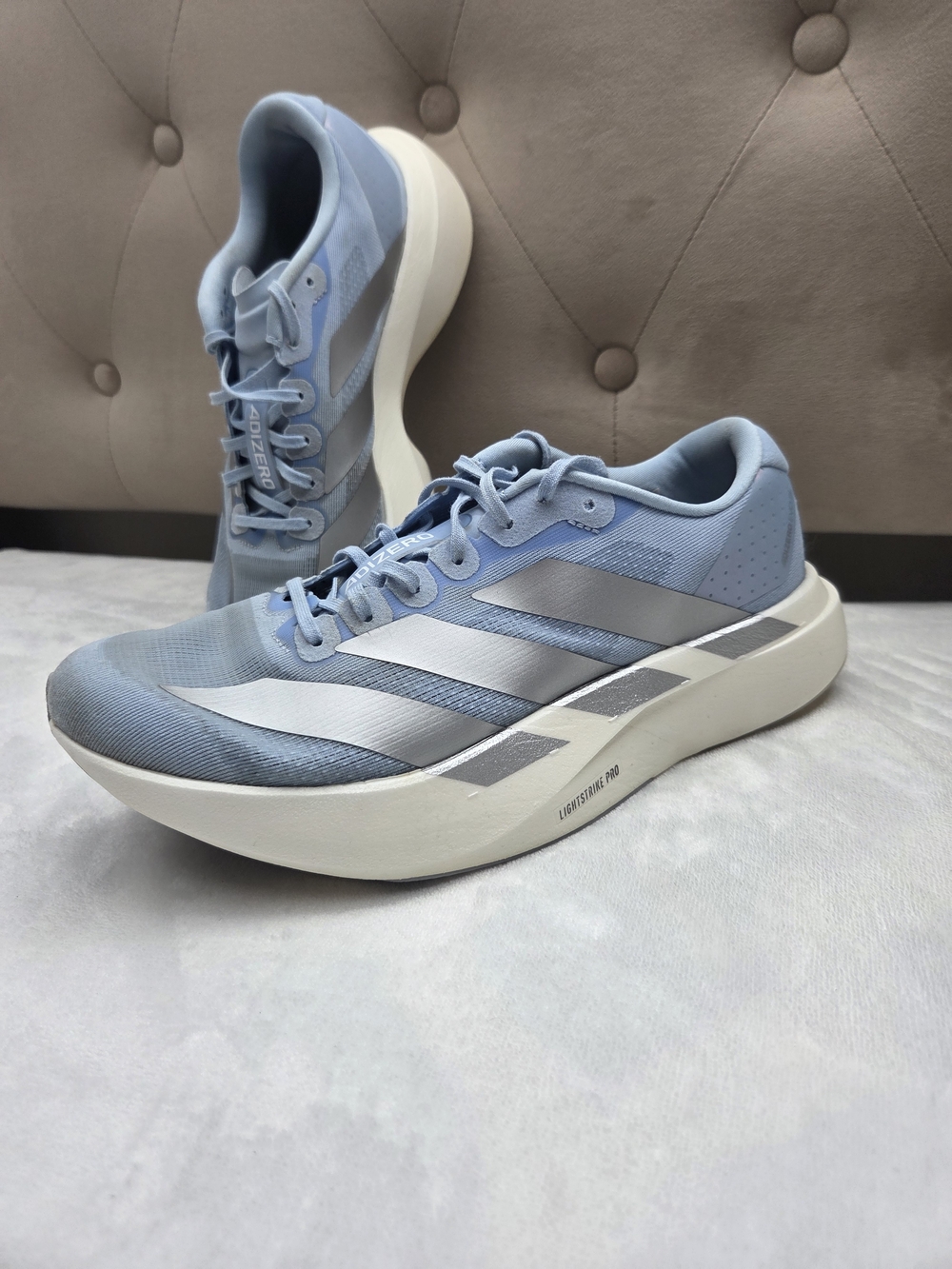 adidas Adizero EVO SL Women 8.5 Glow Blue Silver Running Shoes JS4453